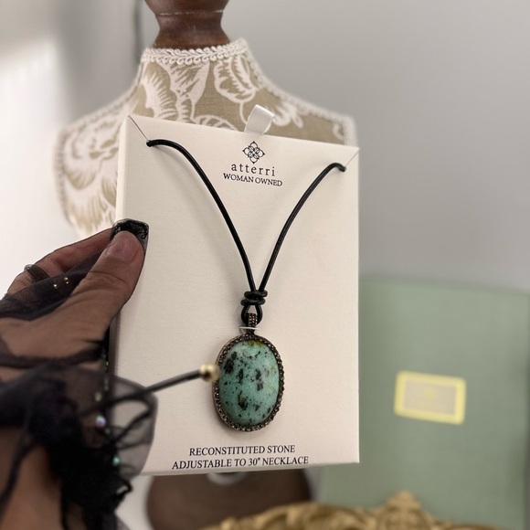 Atterri Adjustable Black Cord Necklace with Oval Reconstituted Stone Pendant - Picture 8 of 8